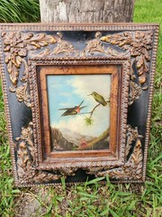 Original Signed K Mills Oil On Canvas Ruby Throated Hummingbirds Shadowbox Frame