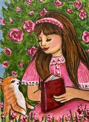 Girl Cat Pink Roses Original ACEO Illustration Painting Alcohol Ink amylenore