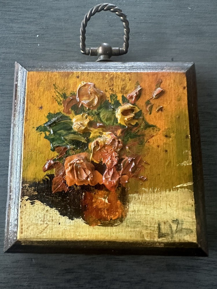 Vintage Oil on Board Floral Painting Signed Liz 3D Impasto Small