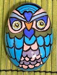 Horned Owl Hand Painted River Rock Blue Pink Purple One of a Kind