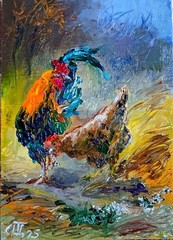 Painting „Rooster and Hen“. Oil on hardboard. 5×7 inc. Handmade. 2025. Unframed