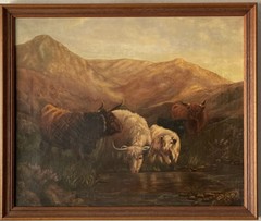 WILLIAM H WARD 19TH C. ANTIQUE BRITISH CATTLE LANDSCAPE OIL PAINTING OLD COWS UK