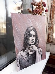 Warm Tones Portrait Original Painting Young Woman Closed Eyes Raining, 16×12
