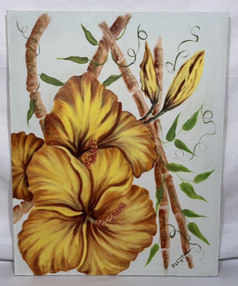 Vintage 1990s D. Wright Original Folk Art Oil Painting Yellow Hibiscus Flower
