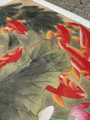 Chinese Fengshui Koi Fish Color Ink Scroll Painting Quality Large Wall Art