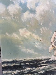 Large Vintage Oil Painting Sailing Ship in Rough Seas Signed Nautical