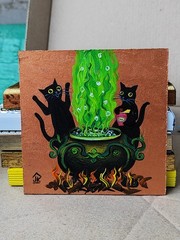 Black Cats Brewing Magic Potion Mini Oil Painting Framed Halloween Wall Art