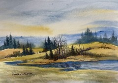 Pamela Wilhelm original Watercolor 5”x7” River Autumn Pines & Mountain View