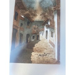 Village street art painting frame copy watercolor framed wall hanging signed