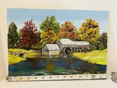 Vintage Oil Painting “Fall Country Watermill” Landscape 14” x 10” Unframed