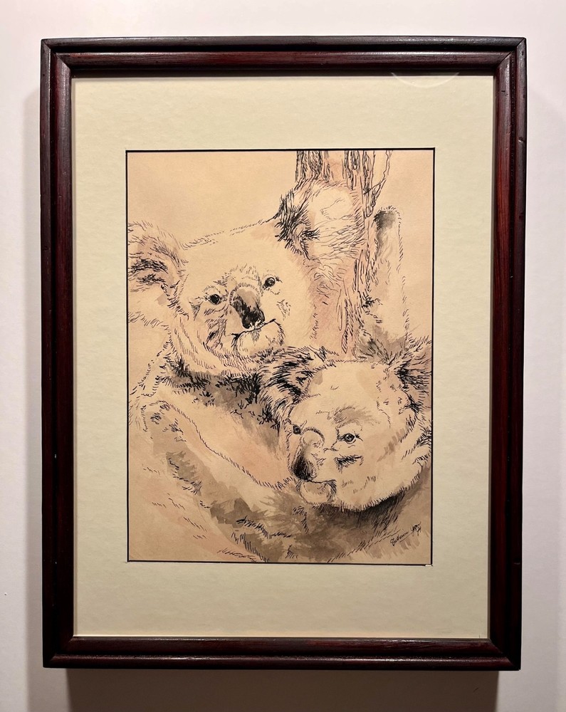1974 Original Watercolor & Ink Australian Koala Bears Signed & Framed Painting