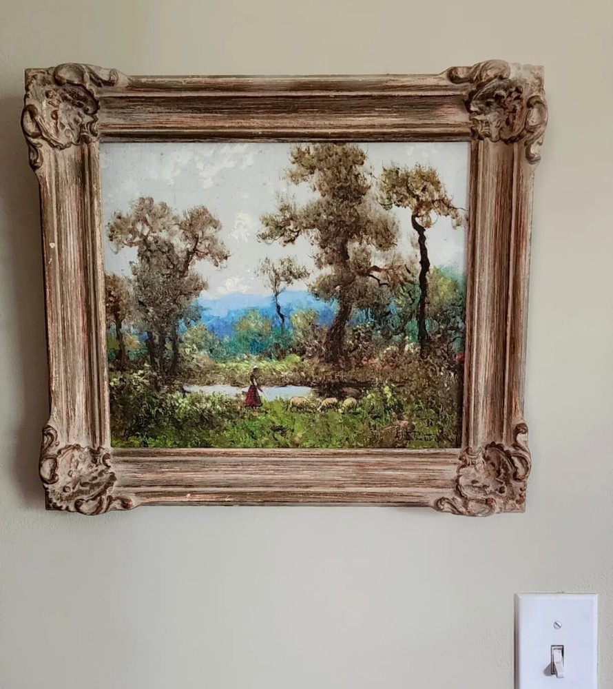 FRAMED SIGNED ANTIQUE OIL PAINTING LADY TENDING HER SHEEP IN A FIELD WITH TREES