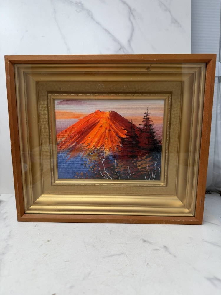 Vtg Mount Fuji Textured Painting Framed Japanese Landscape Mid Century Wall Art