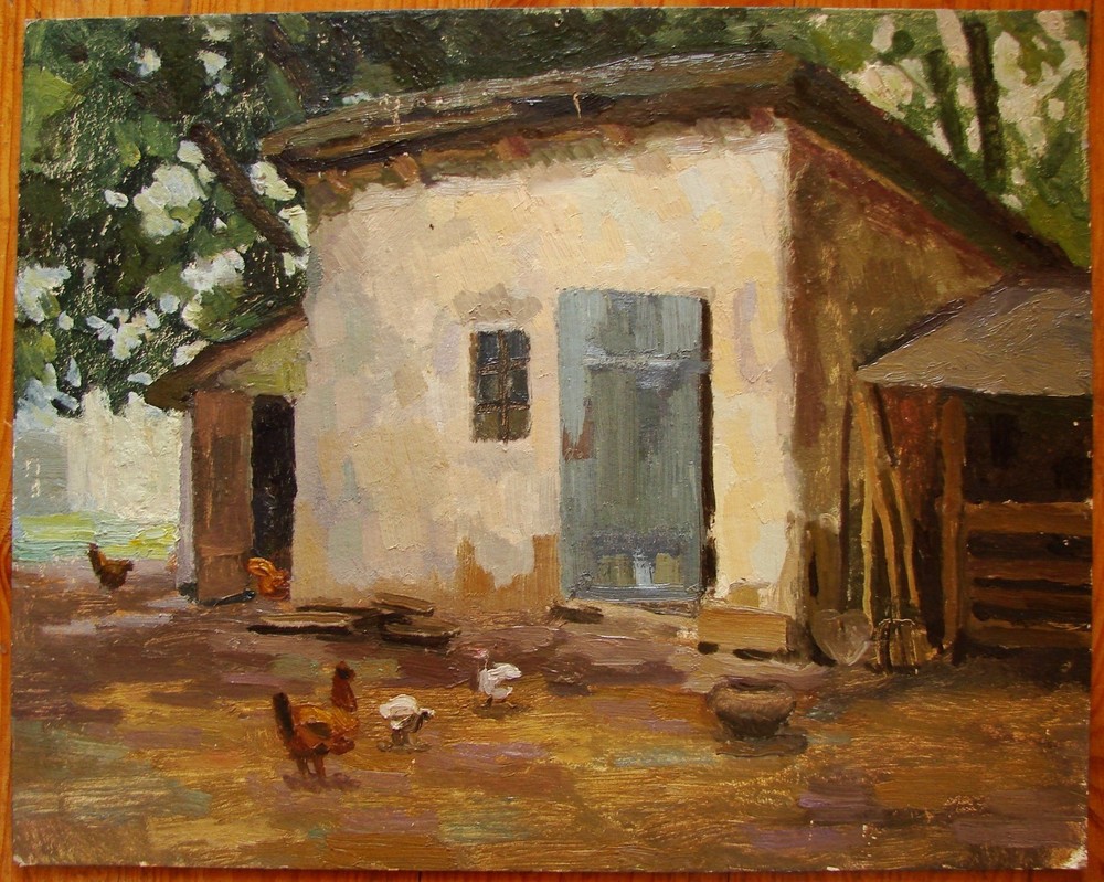 Ukrainian Soviet USSR Oil Painting impressionism realism chicken coop