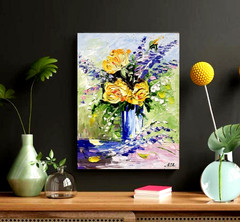 Yellow roses in a vase. Oil painting 6×8 inches. Handmade. Artist from Ukraine.