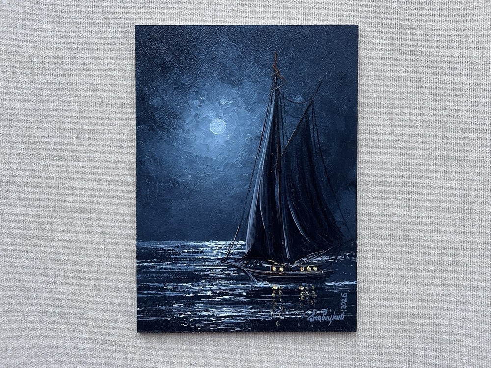 Original Moonlight Sea Oil Painting, Teal Night Ocean Sailboat in Moon Art