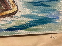 MCM Painting Signed Bryan ’53 Sail Boat Original Nautical Art in Wooden Frame