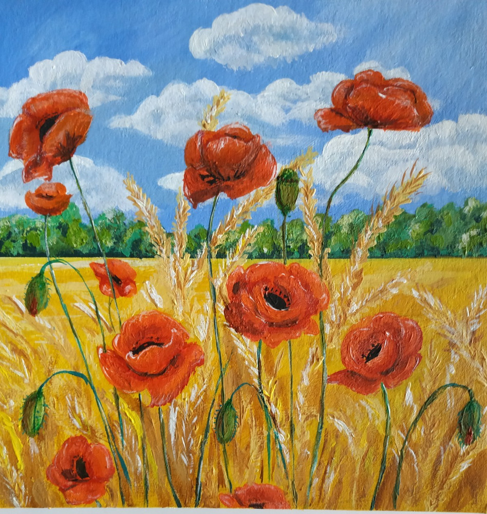 painting Field with red poppies and ears of wheat.  trees, blue sky, white cloud