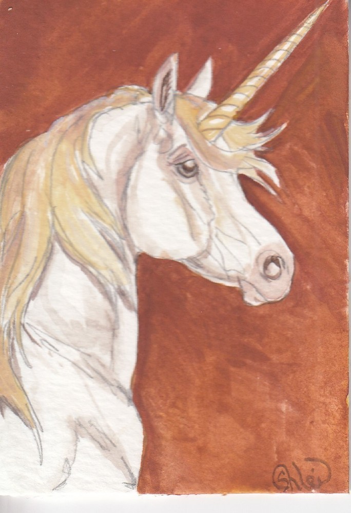 ACEO original Watercolor Art Card HORSE cream rust gold Fantasy UNICORN pony