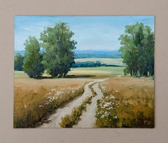 Original Oil Painting Summer Countryside Landscape Trees, Field, Nature Wall Art
