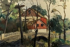 Charles Rosen; 20thC. American Watercolor „Village Bridge“ Signed and Dated ’36