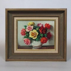 Vintage French Oil Painting, Bouquet of Flowers in a Vase, Roses, Signed Surgeon