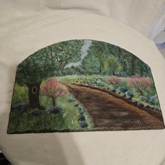 Vintage Hand Painted Slate Walking Path And Flowers Scene Landscape 13×9.5in