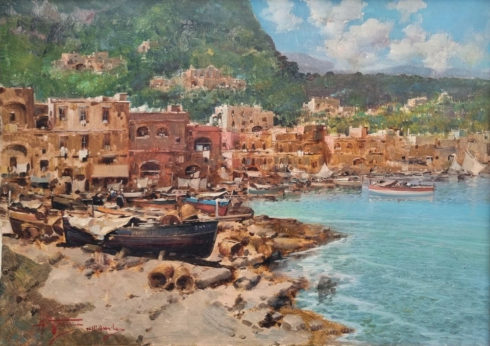 Landscape Painting Italy Naples Boats Amalfi Coast Architecture 20th