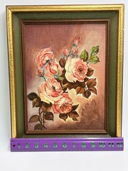 Antique Oil Painting On Board Pink Roses Signed Framed Wall Art Still Life 15X12