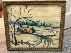 Watercolor Winter Scene, Unknown Artist, Framed 18” X 15”