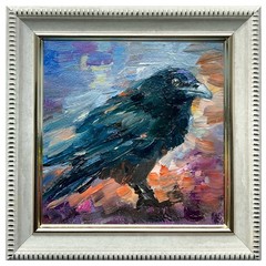 Original Oil Painting Black Bird Crow Impasto Small Wall Art 4x4in Signed