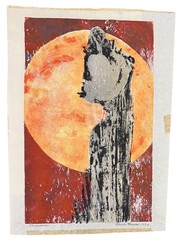 1970s Tribal Folk Art Painting Moon Midnight Tribal Signed Mid Century Art