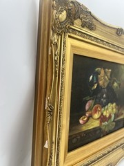 Vintage Signed Van Hunt Still Life Oil Painting Fruit Grapes Wine Glass Framed