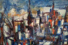 Constantine Pougialis (Greek, 1894-1985) Abstract Cityscape Painting Signed LR