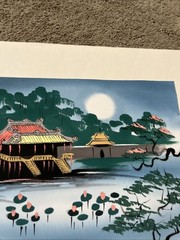 Asian Style Paintings Lotus Flowers & River Scene Boat Village No Frame Set 2