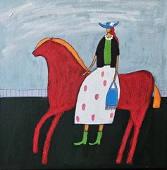 Folk Painting Original Woman Horse Portrait Canvas Outsider Whimsical 10×10 Art