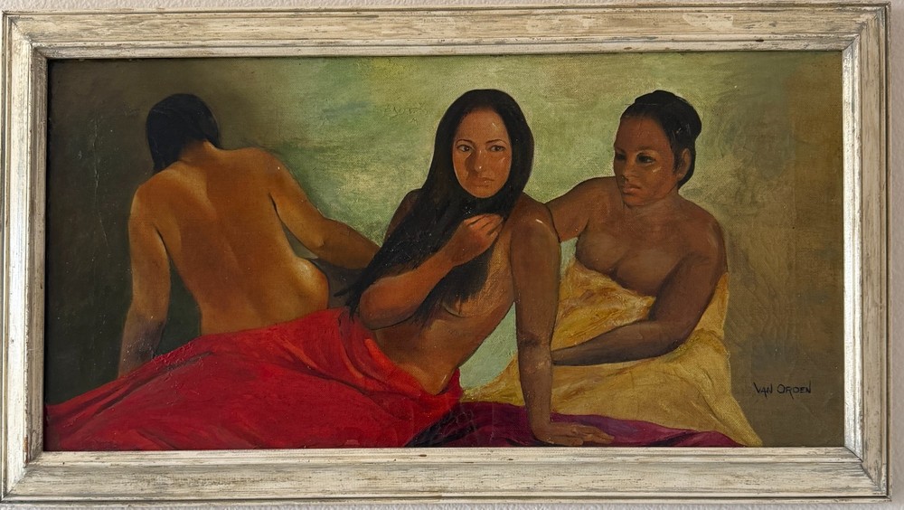 Vintage Signed Stuart Van Orden MCM Oil Painting Tahitian Figures Polynesian Art