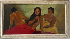 Vintage Signed Stuart Van Orden MCM Oil Painting Tahitian Figures Polynesian Art