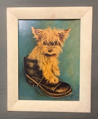 Original 1977 Acrylic Painting “Watch Dog” Yorkie Puppy in Boot Signed Ludella