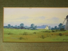 Clarence E Braley Landscape Pastel Painting House Windmill Water 4×22 inch c1900