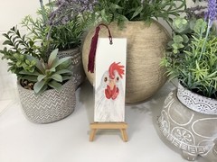 Bookmark laminated Original a Handpainted Chicken 6cm X 16cm & Burgundy Tassel
