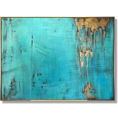 Huge Original Oil Blue Painting | Oversized Gold Leaf Wall Art Canvas Decor