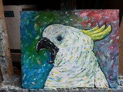HELLO POLLY 8×10 Bird Cockatoo painting card panel original art signed Crowell