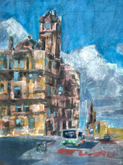 Original Acrylic Cityscape Painting, Urban Architecture Street Art, Handmade