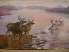 Ukrainian Soviet USSR watercolor painting landscape river reindeer animals
