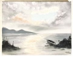 Peaceful Beach Landscape Oil Painting 18×14″ Row Boat Clouds Water MCM 80s Art
