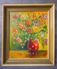 Vintage 1966 Floral Still Life Oil Painting Wm Sinnett Monogram Gold Frame 28×24