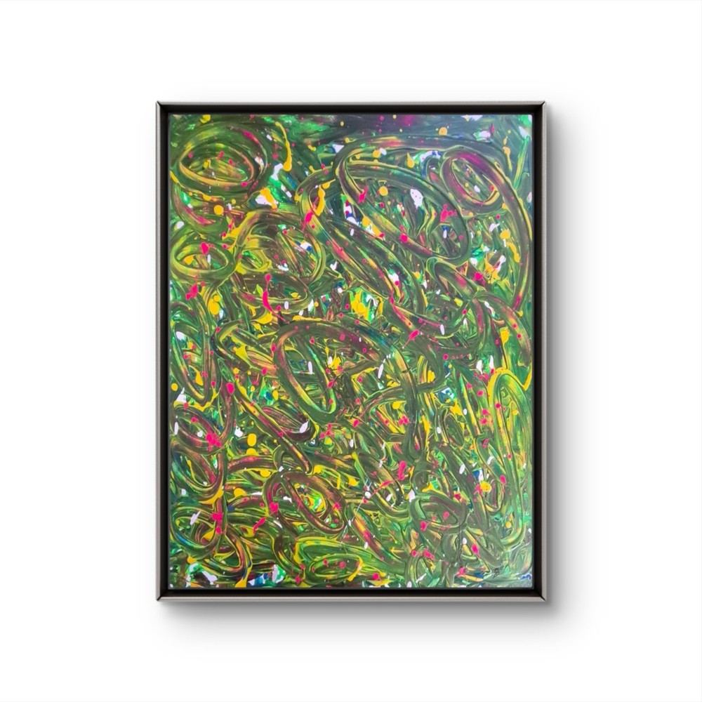 LUE BAKER ORIGINAL 20X24 GREEN SWIRL ABSTRACT PINK YELLOW CELEBRATION CANVAS ART