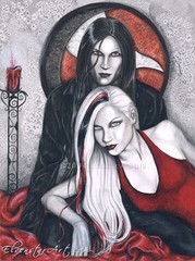 VAMPIRES Gothic Art ORIGINAL PAINTING red black sexy couple pale portrait wc