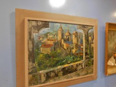 1950’s LRG Mid century Modern Abstract Cityscape Oil Painting Signed 35 x 29 in
